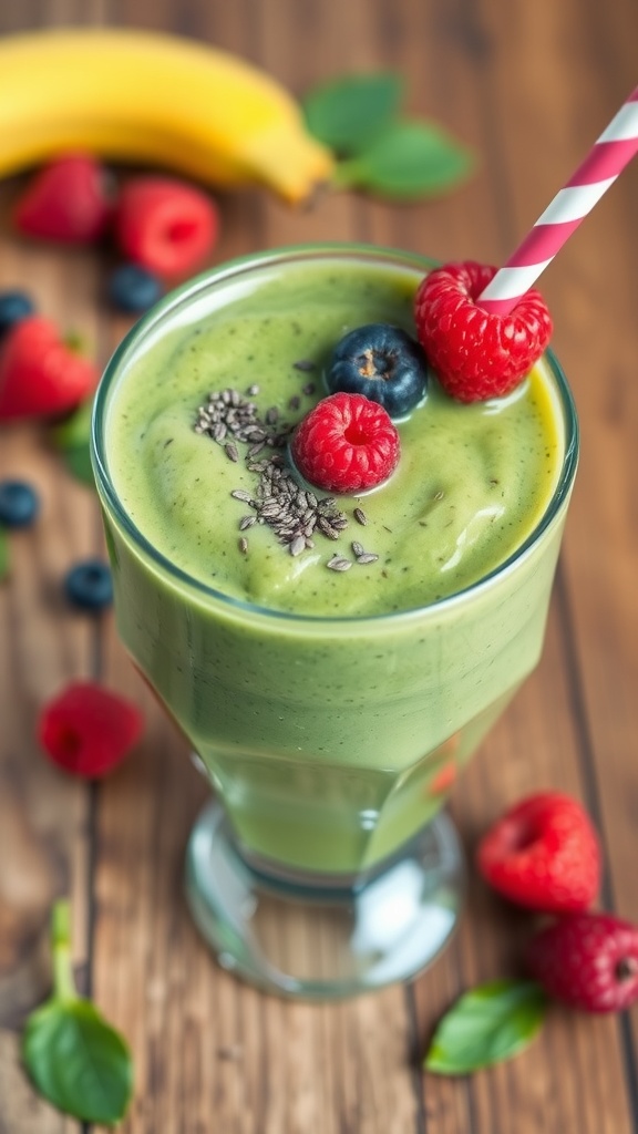 Creamy vegan protein smoothie in a glass with berries and chia seeds on a wooden table.